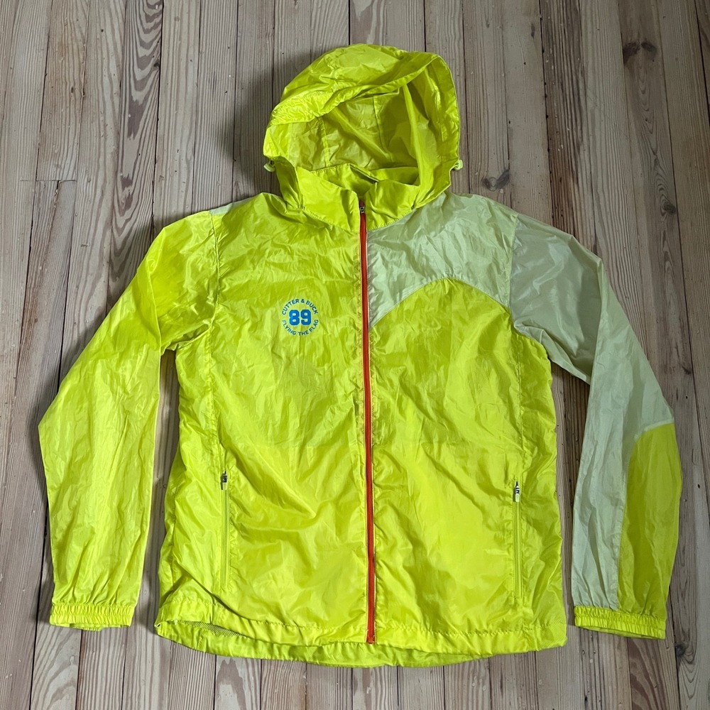 Cutter & Buck Windbreaker Jacket Mens 105 Neon Lime Green Hooded Full Zip Mesh